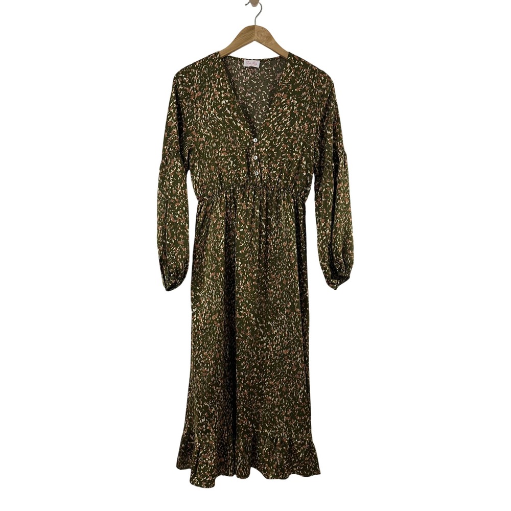 Pink Lily Olive Green Abstract Button Front Ruffle Midi Dress Womens Small